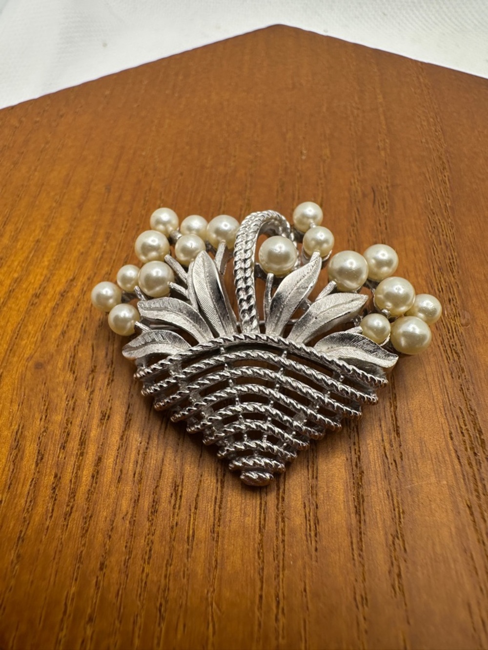 Crown Trifari Brooch, Silver-Tone Faux Pearl Dimensional Flower Basket
